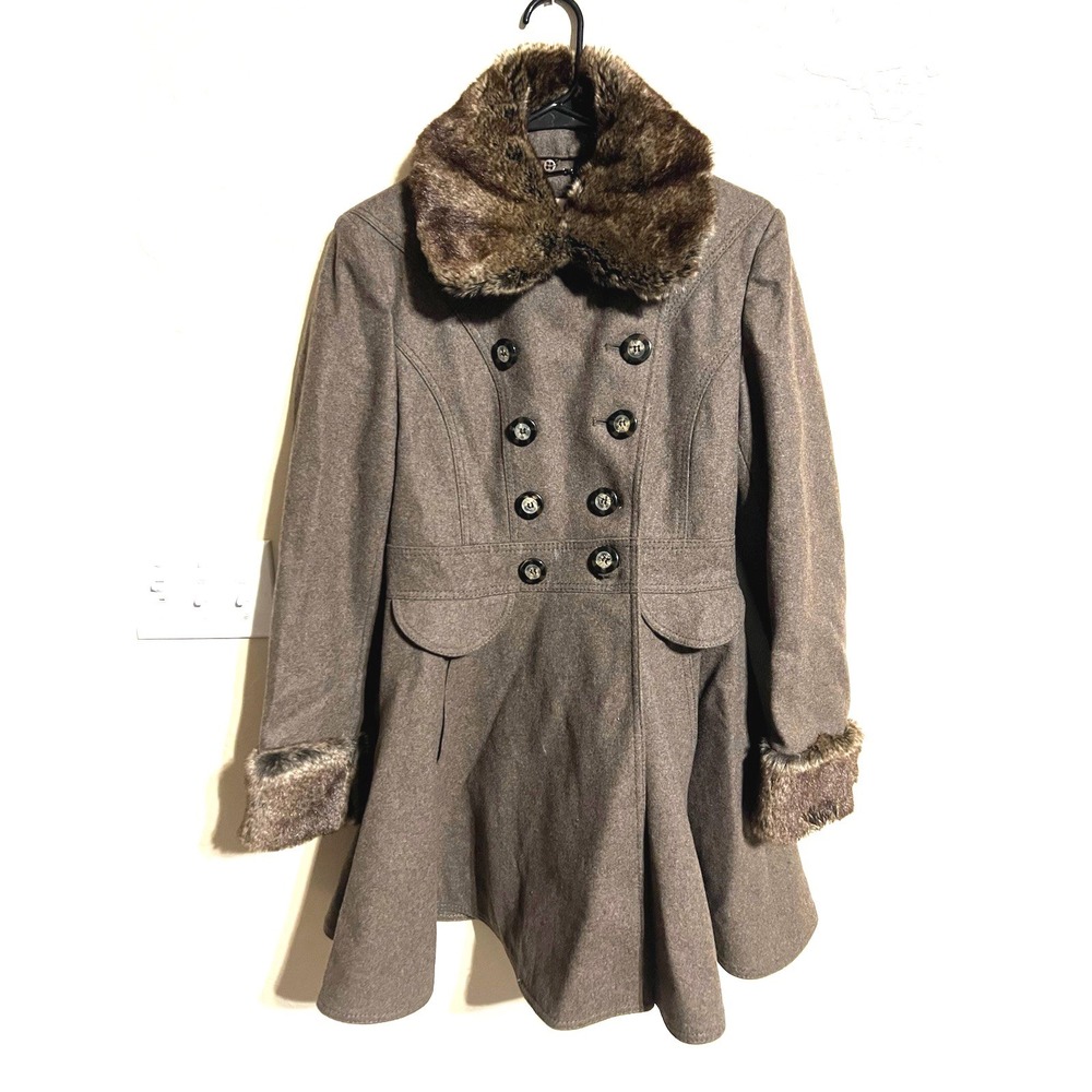 Laundry by Shelli Segal Brown Wool Blend Fit & Flare Pea Coat Faux Fur luxury 6